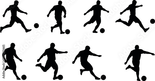Dynamic sequence of a soccer player dribbling and kicking a ball in a minimalist flat design style. Ideal for sports marketing, educational materials, fitness apps, and lifestyle content.