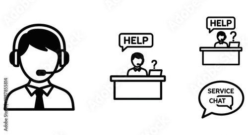 Customer service icons showing call center agents providing support assistance online