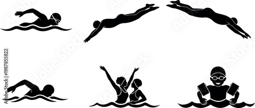 dynamic swimming poses sequence flat design vector illustration