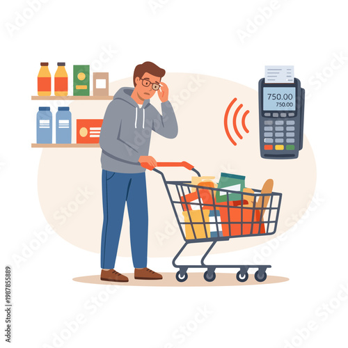 Man shopping with groceries in cart paying contactless at store checkout