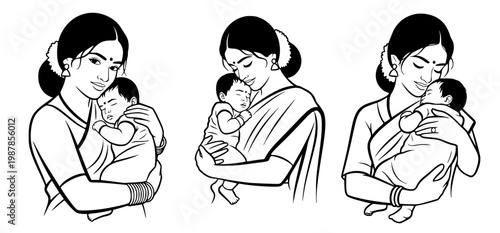 Three illustrations of a mother cradling her baby in different positions, depicting love and maternal care