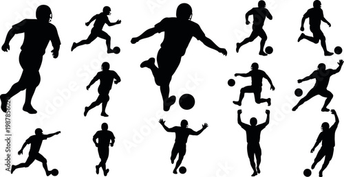 soccer players in dynamic action poses flat design vector illustration