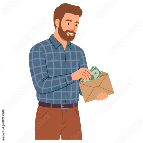 Man happily holds dollar bills from brown envelope indoors