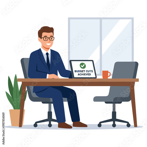 Man sits at office desk with laptop showing budget cuts achieved
