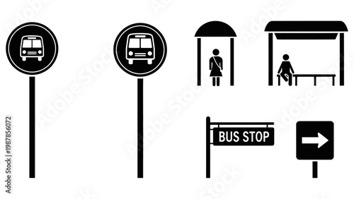 Collection of various public transportation signs for bus stop locations