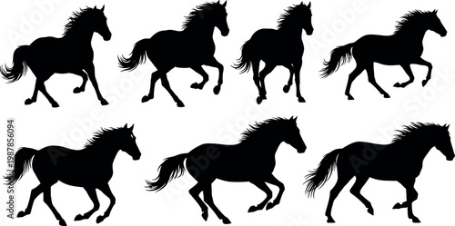 galloping horses in dynamic motion flat design vector illustration