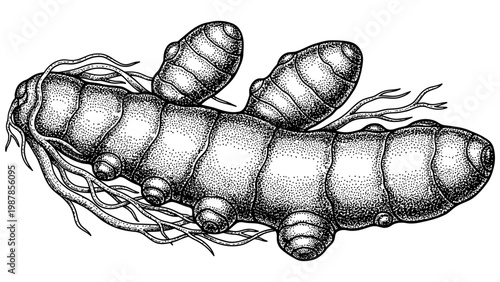 Detailed ink drawing of a fresh organic turmeric root rhizome