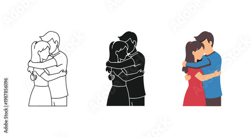 Creative vector graphic illustration showcasing a loving young couple embracing warmly in three different artistic styles including line art silhouette and full color flat design