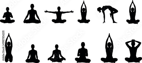 yoga poses set with diverse silhouettes in flat design vector illustration