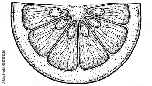 Detailed ink drawing of a sliced citrus fruit segment showing seeds