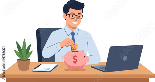 A man in business attire putting money into a piggy bank on his office desk.