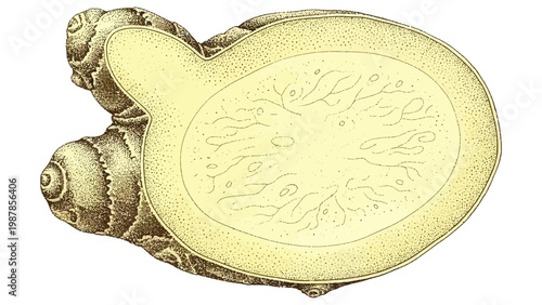 Fresh ginger root cut in half showing the light yellow interior