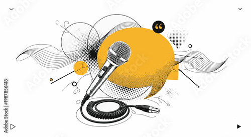 Professional microphone with yellow speech bubble and abstract geometric elements for podcasting broadcasting public speaking and digital audio media vector illustration