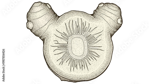 Detailed ink drawing of a fresh sliced kiwi fruit halves