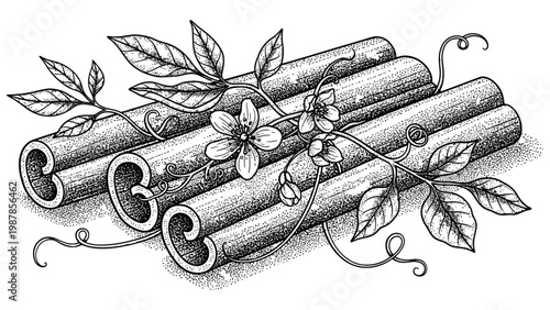 Hand drawn botanical illustration of cinnamon sticks with leaves and flowers.