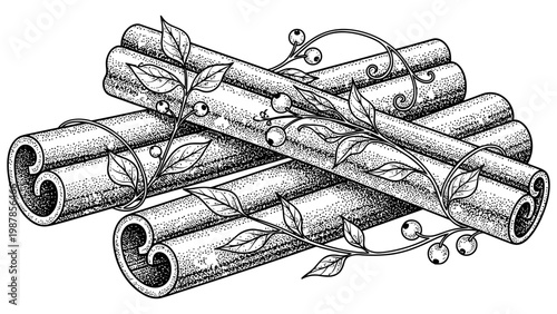 Detailed hand drawn botanical illustration of fragrant cinnamon sticks and foliage
