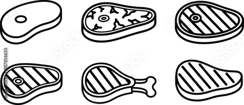 Black and white line art of various cuts of meat including steak and chops