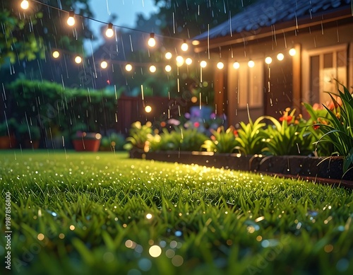 A close-up shot of a lush, rain-covered lawn leading to a brightly lit backyard garden and house under a night sky