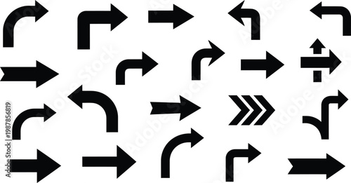 Collection of black arrow silhouettes directional indicators for navigation and guidance