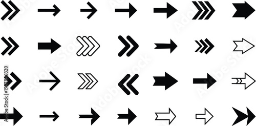 Collection of black arrow icons and silhouette shapes on a white background