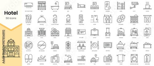 Simple Outline Set of Hotel icons. Linear style icons pack. Vector illustration