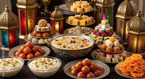 Traditional Indian sweets and desserts with lanterns on a table