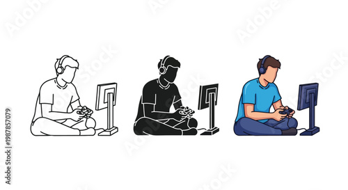 Creative vector graphic illustration showcasing a focused young gamer sitting on the floor while playing video games using a console controller and wearing modern headphones
