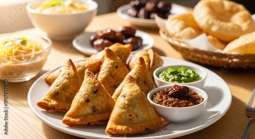 Delicious samosas with chutneys and snacks on wooden table