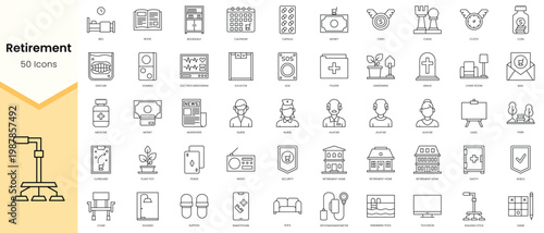Simple Outline Set of Retirement icons. Linear style icons pack. Vector illustration