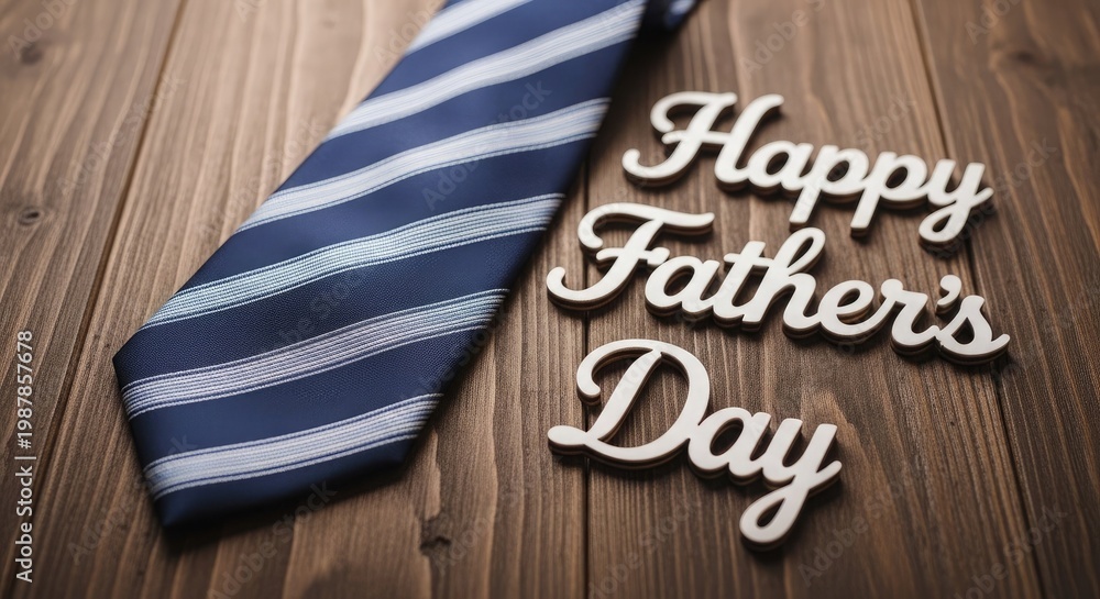 Obraz premium Happy father's day blue striped tie with wooden lettering celebrate dad