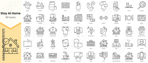 Simple Outline Set of Stay At Home icons. Linear style icons pack. Vector illustration