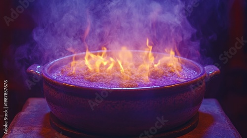 Purple pot with flames and smoke