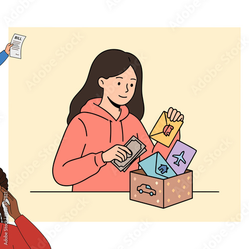 A young woman excitedly rummages through a box filled with travel brochures and souvenirs.