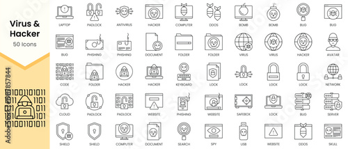 Simple Outline Set of Virus and Hacker icons. Linear style icons pack. Vector illustration