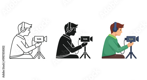 Professional vector illustration of a young male content creator recording a vlog video with a camera on a tripod while wearing large audio listening headphones