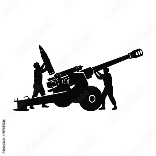 Artillery crew silhouette loading heavy cannon for long range bombardment in military defense force.