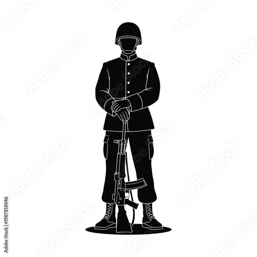 Full length silhouette of military guard standing at attention with rifle and traditional uniform.