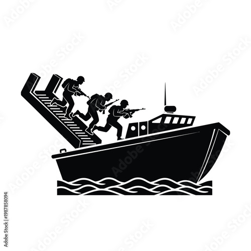 Military soldiers silhouette landing from ship on combat mission and army troops jumping on beach.