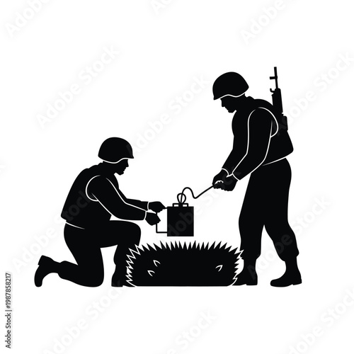 Soldiers disarming landmine, teamwork and bomb disposal operation.