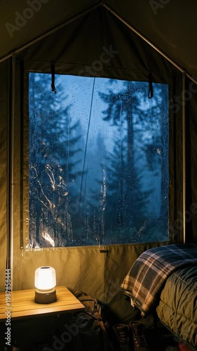 Cozy tent interior camping with lantern near bed, rain on rainy window at night, misty forest wilderness travel cabin style ambience