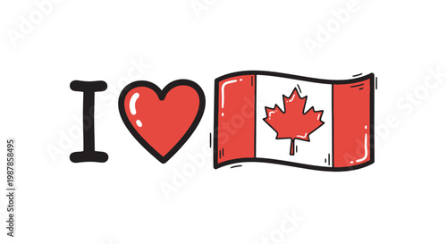 Canada Day Doodle style 'I love Canada' graphic with heart and waving flag