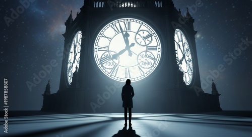 A silhouette of a person standing before a massive, glowing clock tower, reflecting on life�s irreversible moments