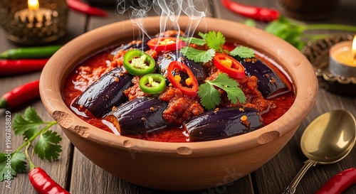 Steaming bowl of eggplant curry with chili peppers on wooden table