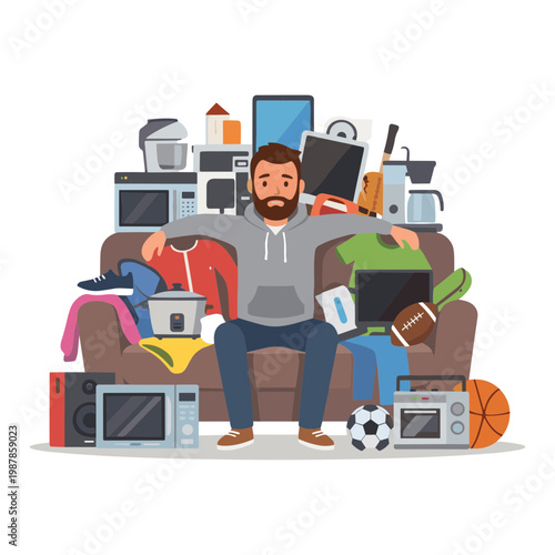 Man overwhelmed by cluttered living room with appliances and clothes