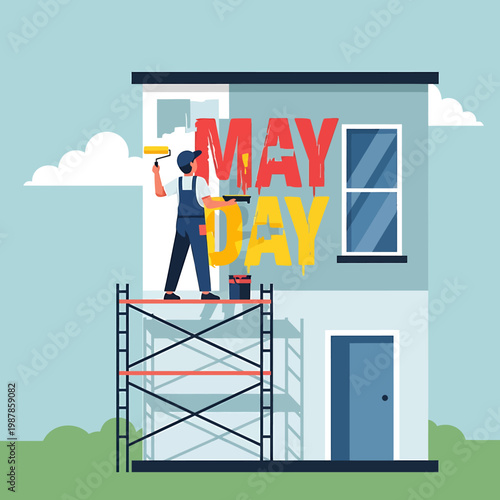 May Day Illustration Of A Construction Worker On A House Scaffolding