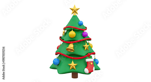 3D Cartoon Christmas Tree with Ornaments