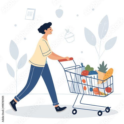 Young Man Pushing Shopping Cart in Supermarket or Grocery Store