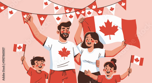 Canada Day Happy Canadian family celebrating Canada Day with flags and bunting