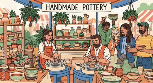 Artisan pottery stall with people creating ceramics.