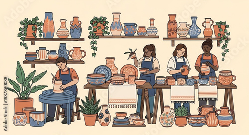 Artisan Pottery Studio Scene with People Crafting Ceramics.